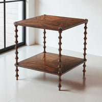 Walnut side table near window, showcasing elegant design.