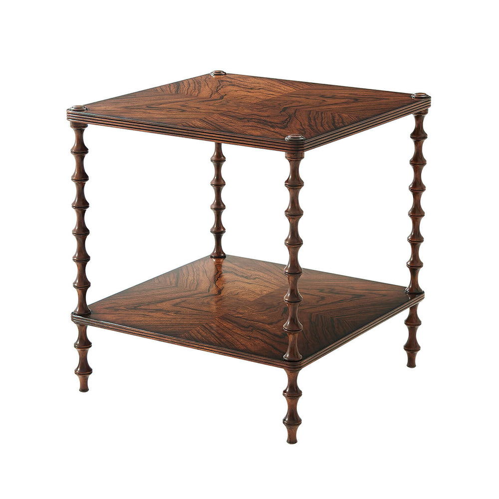 Square walnut side table with spindle legs, two-tier design.