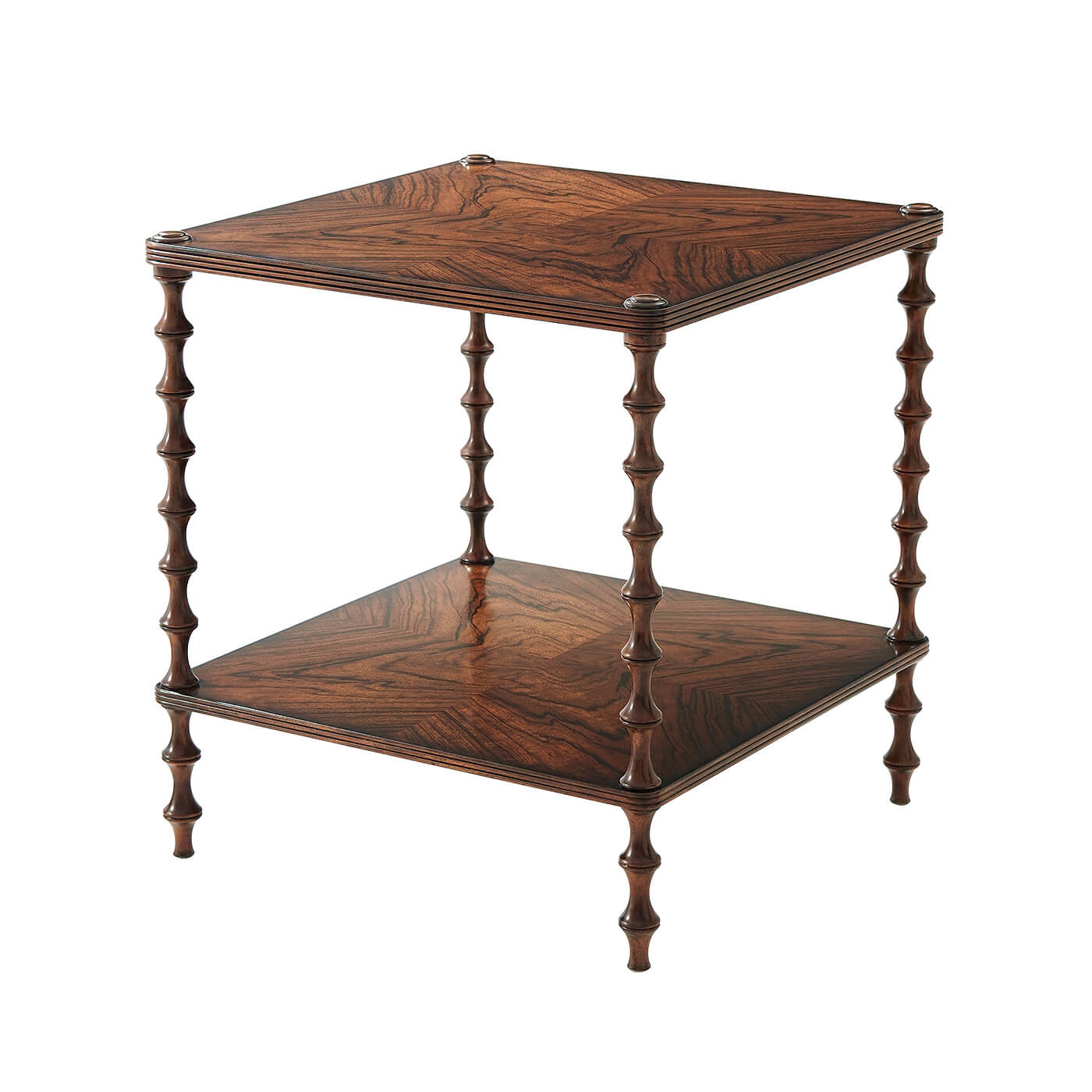 Square walnut side table with spindle legs, two-tier design.