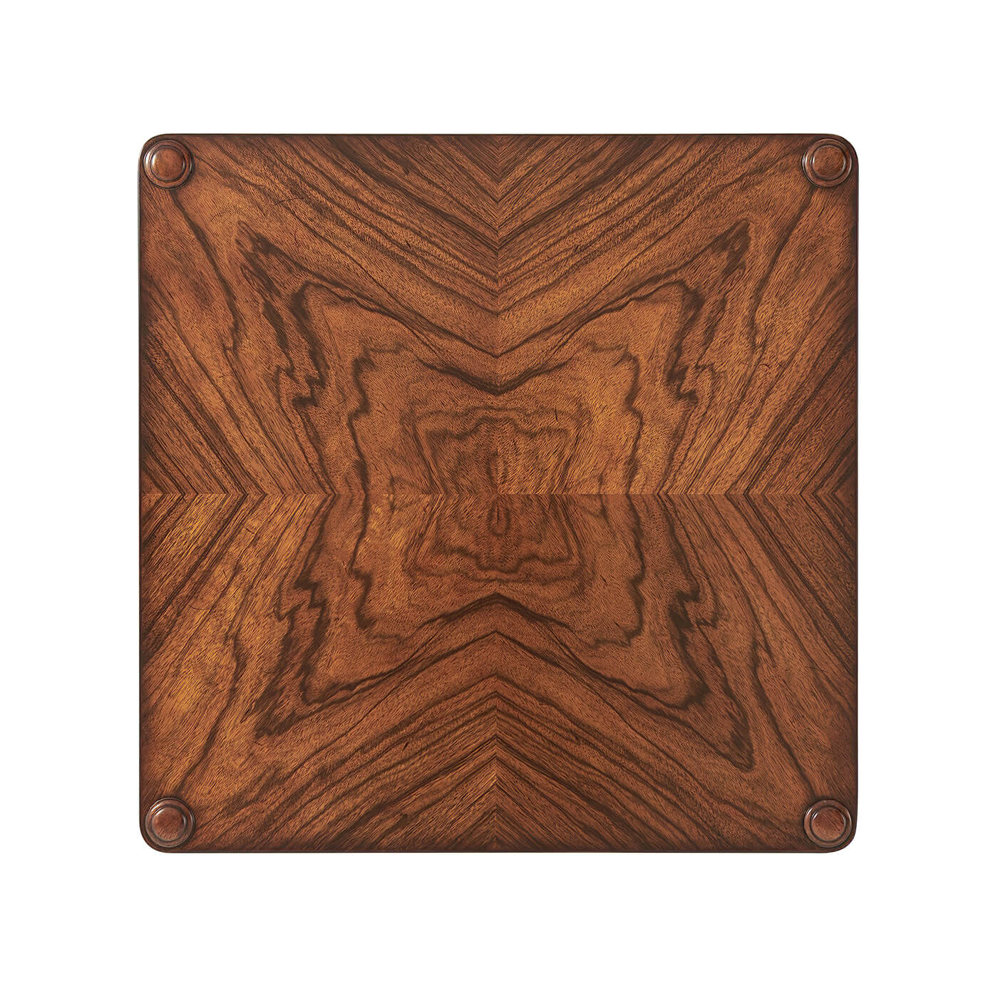 Top view of walnut side table, wood grain pattern.