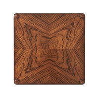 Top view of walnut side table, wood grain pattern.