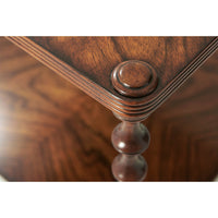 Detailed view of walnut table corner and craftsmanship.