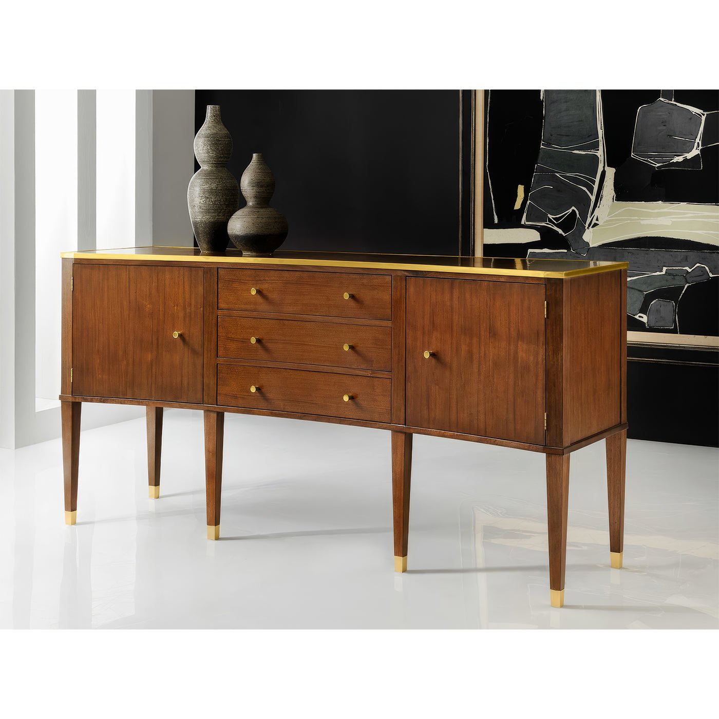 Stylish walnut sideboard, modern decor setting with abstract art.