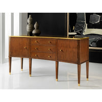 Stylish walnut sideboard, modern decor setting with abstract art.