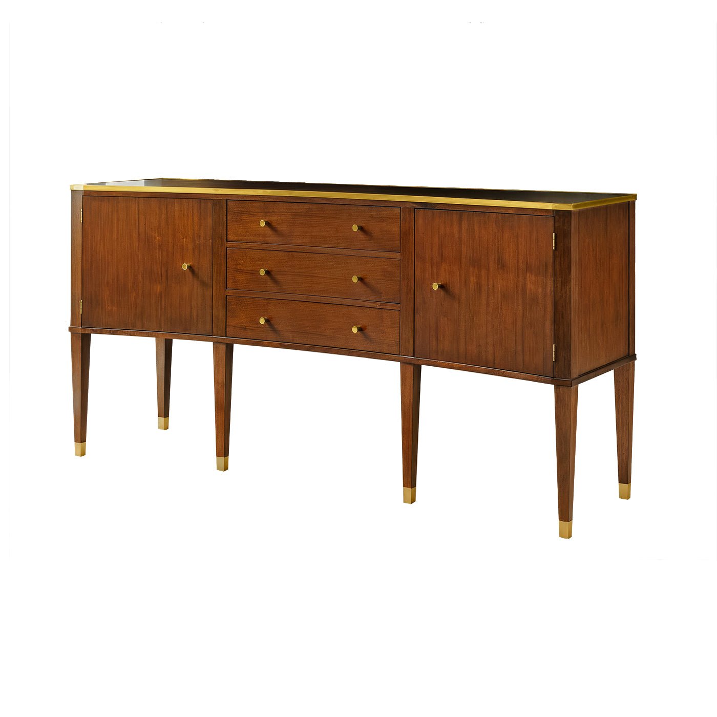 Mid-century modern walnut sideboard, angled view, brass accents.
