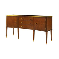 Mid-century modern walnut sideboard, angled view, brass accents.