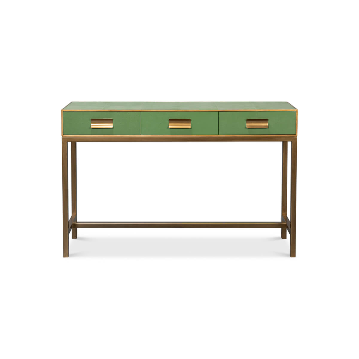 Front view of modern green leather console table.