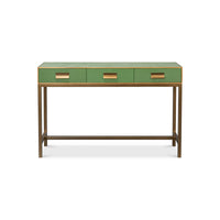 Front view of modern green leather console table.