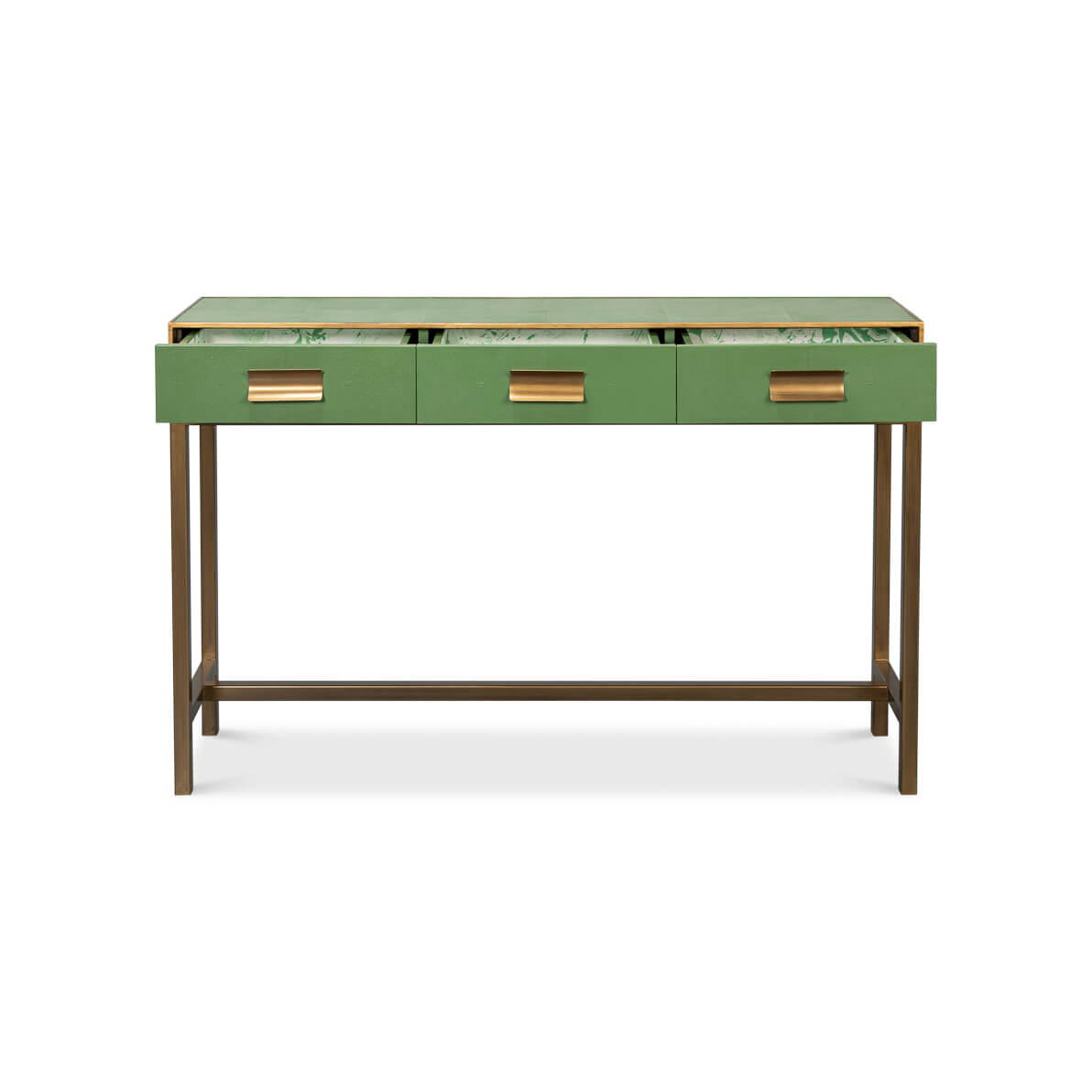Console table with drawers open, showing interior design.