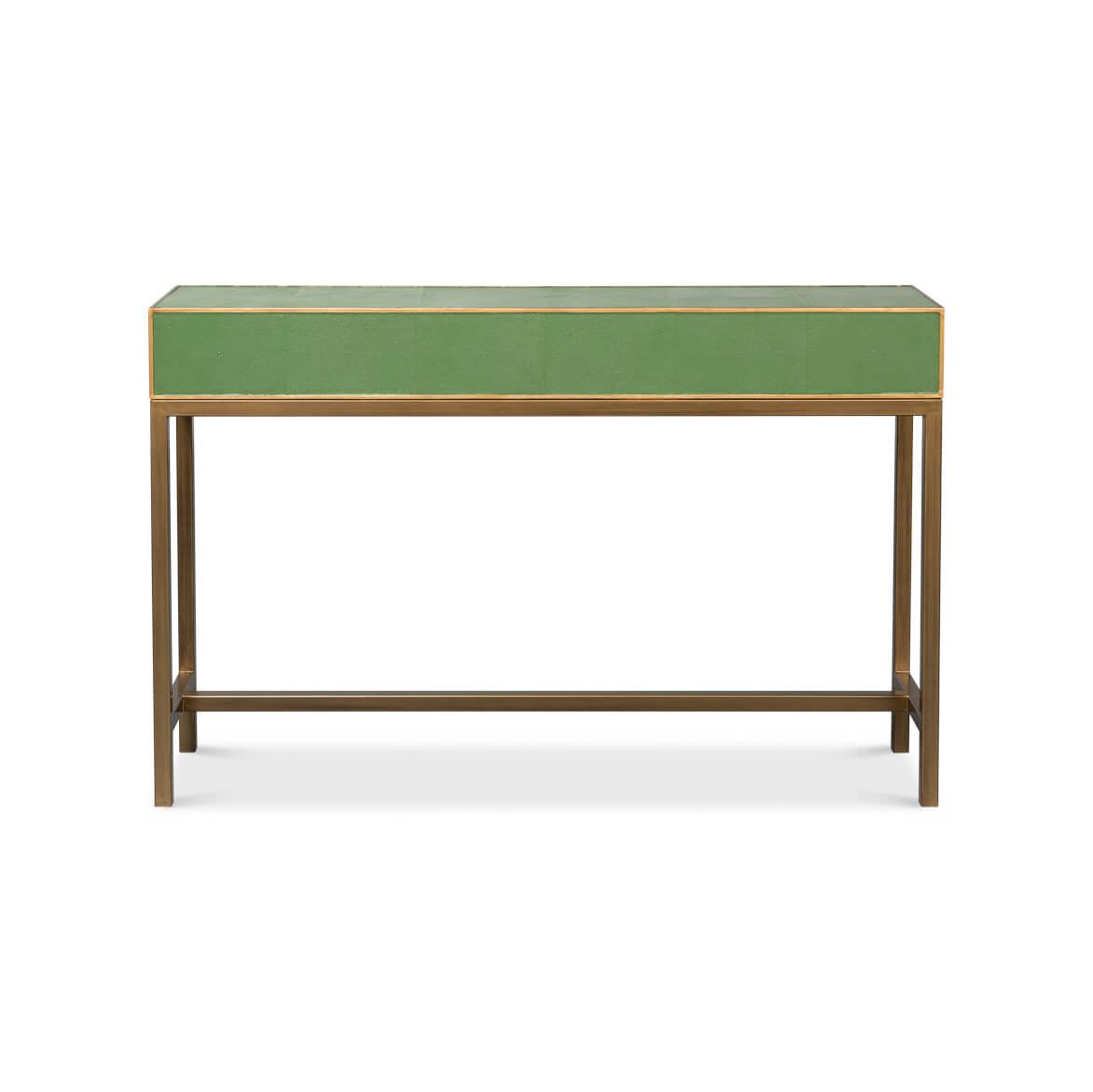 Back view of watercress green console table.
