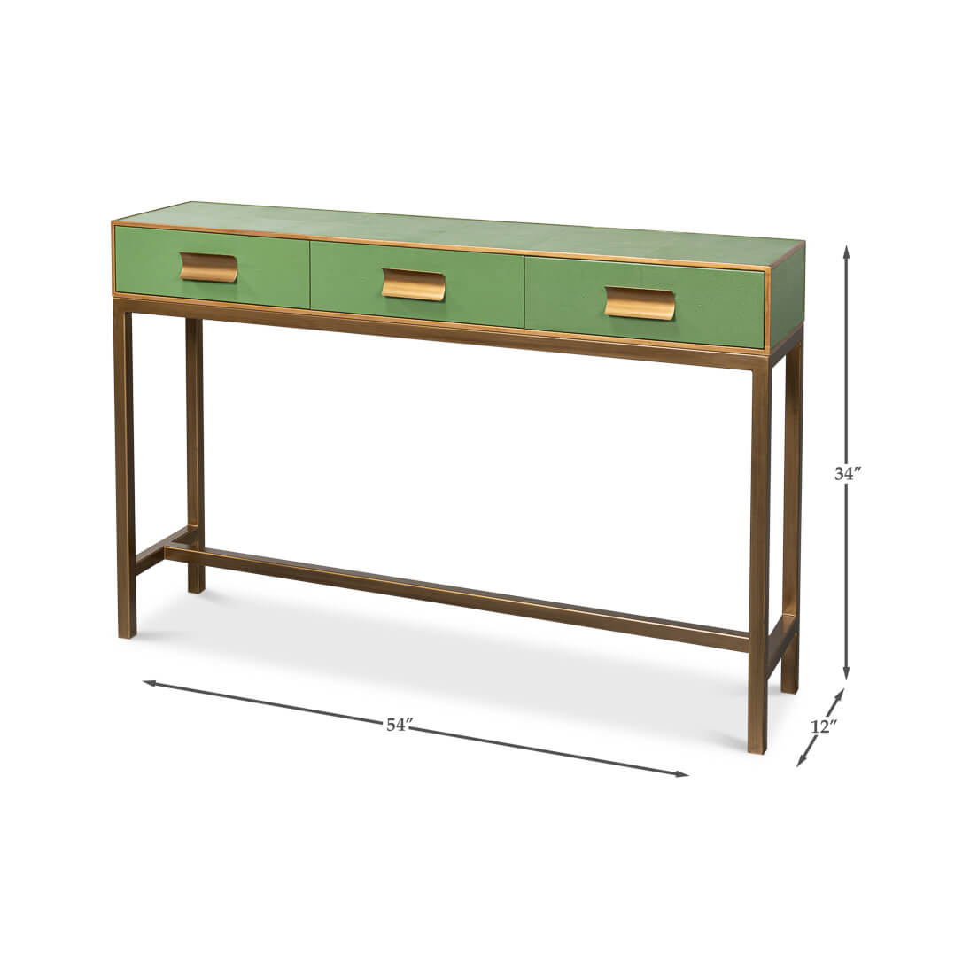 Console table dimensions with watercress green leather finish.