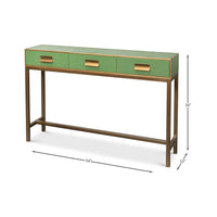 Console table dimensions with watercress green leather finish.