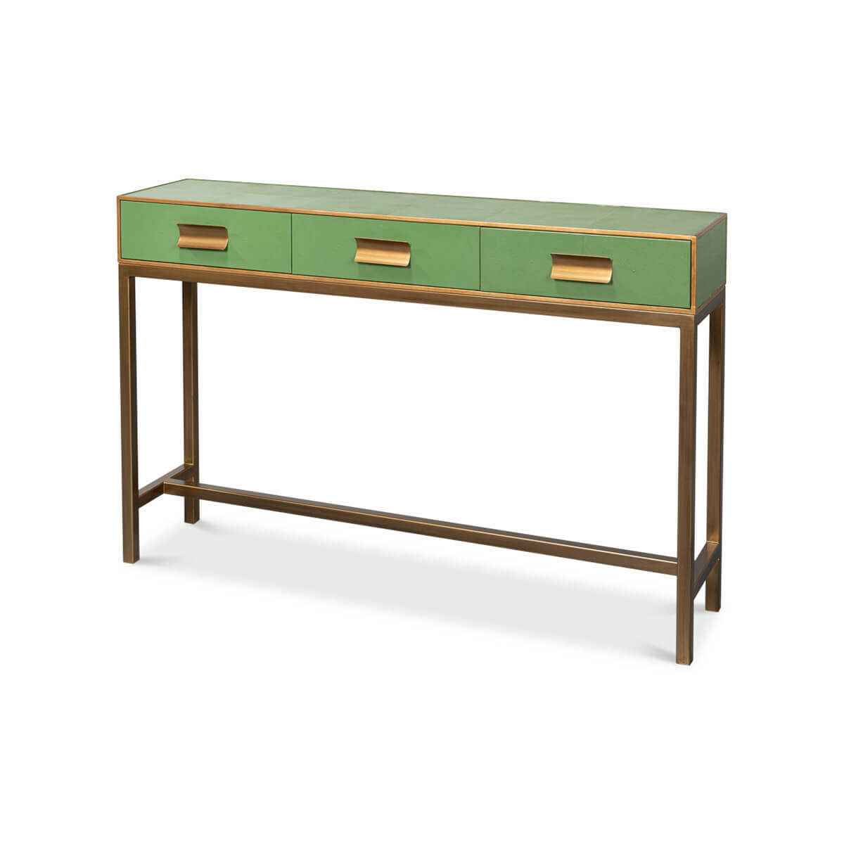 Angled view of watercress green leather console table.