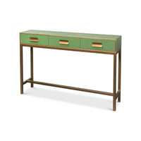 Angled view of watercress green leather console table.