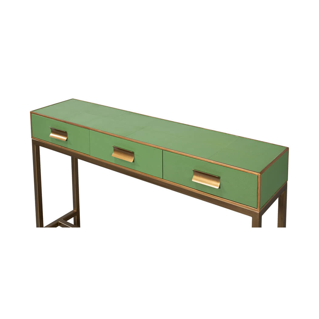 Side angle of modern green leather-wrapped console.