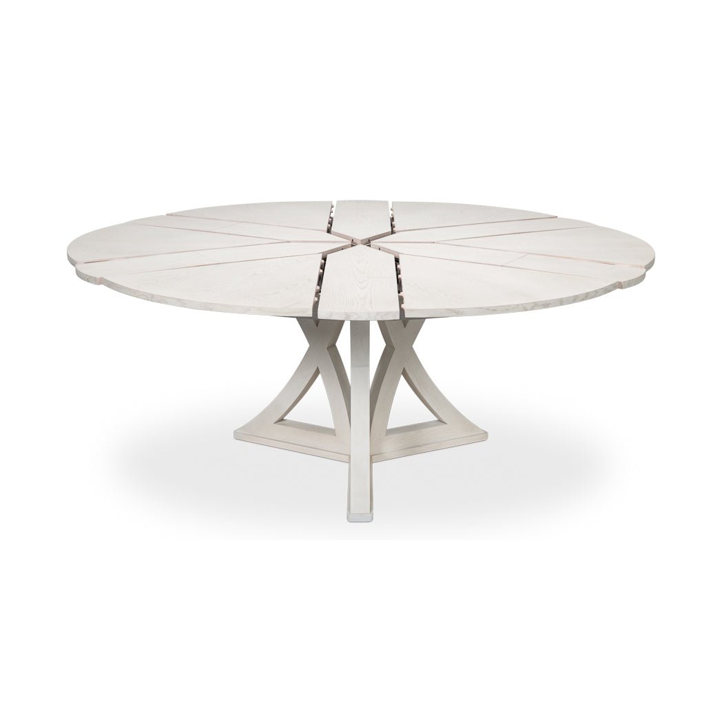 White oak dining table, slightly extending sections, top view.