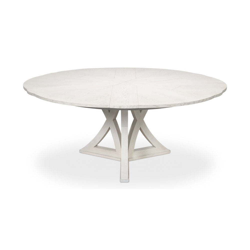Round white oak dining table, fully closed, top view.