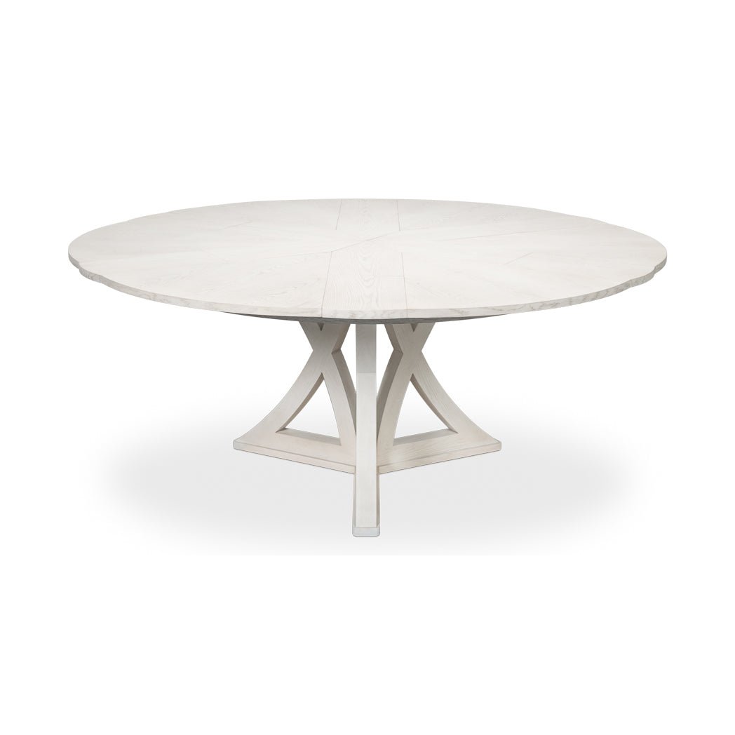 Round white oak dining table, fully closed, top view.