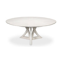 Round white oak dining table, fully closed, top view.