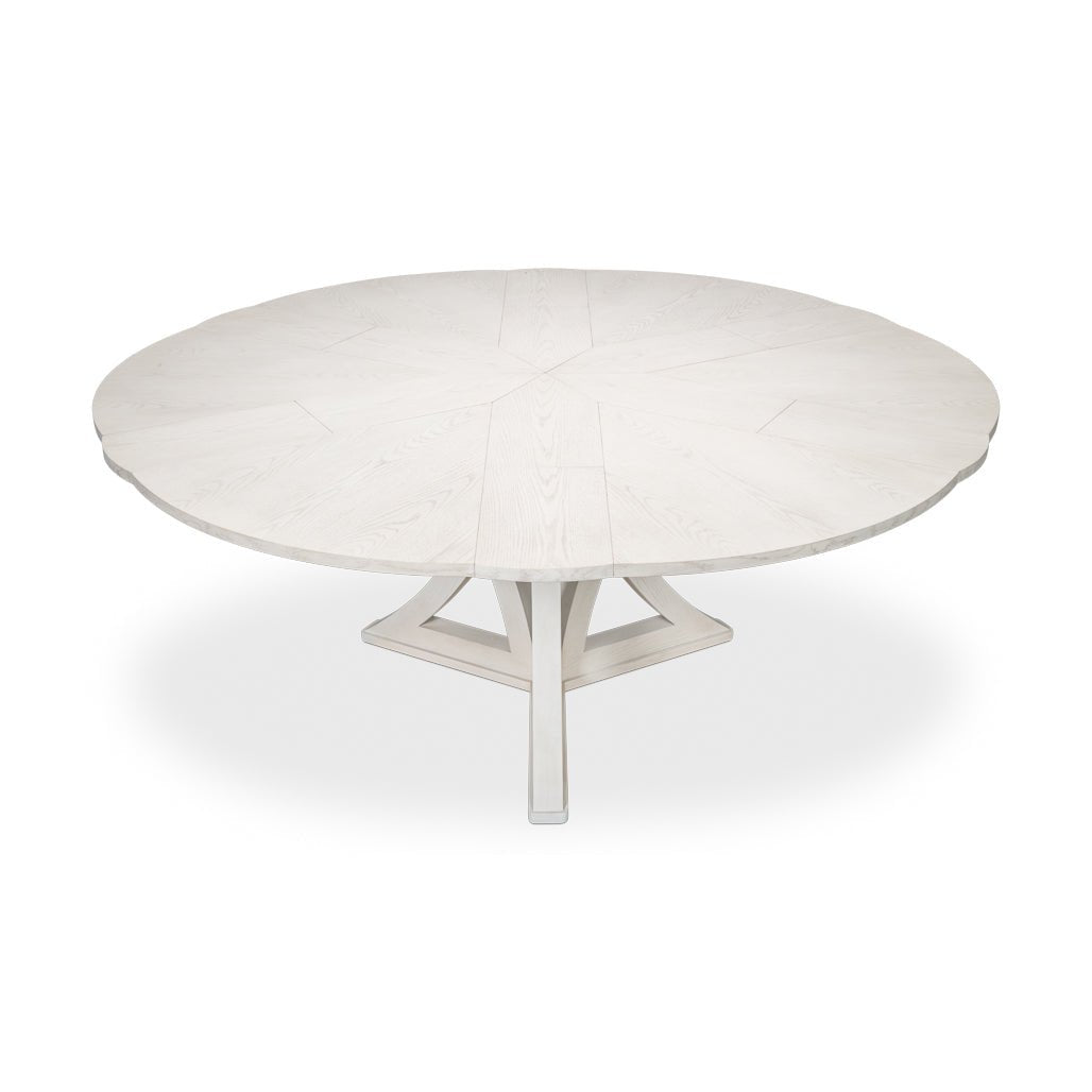 White oak round dining table, fully closed, top view.