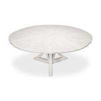 White oak round dining table, fully closed, top view.
