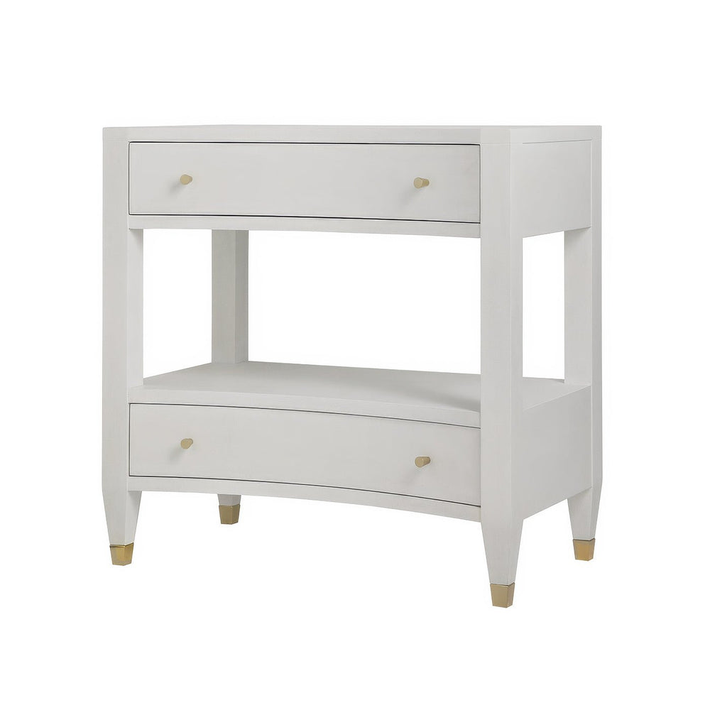 Modern white nightstand with drawers and open shelf.