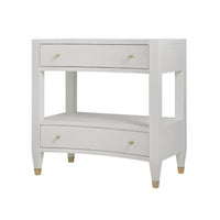 Modern white nightstand with drawers and open shelf.