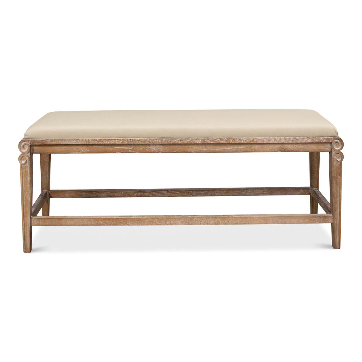 Front view of modern upholstered bench with wooden frame.