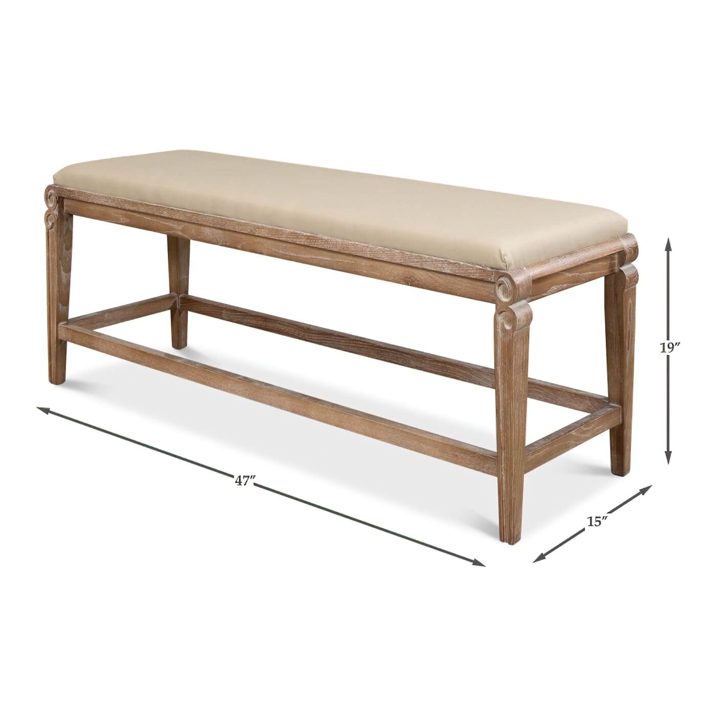 Dimensions of modern whitewash and linen upholstered bench.