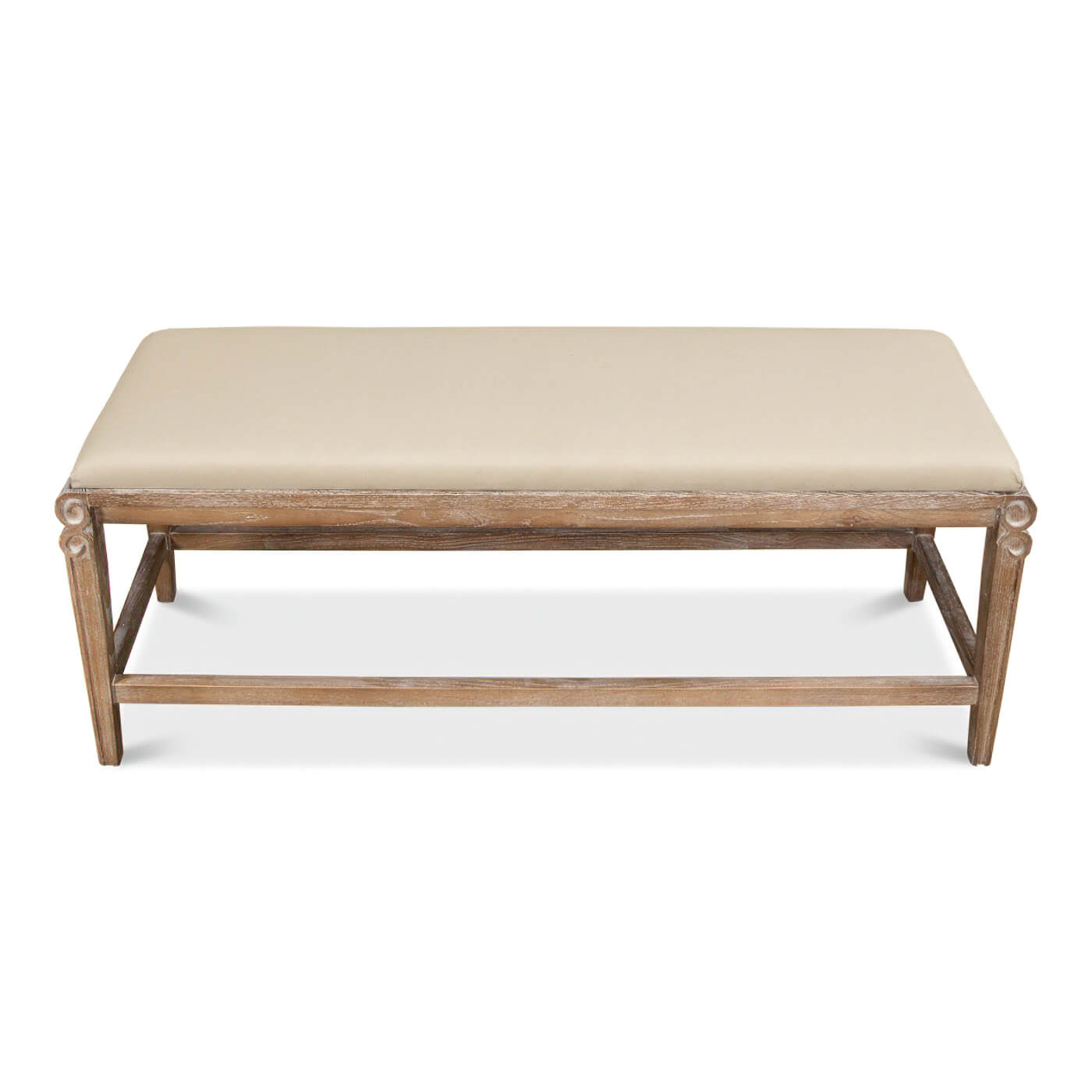Top view of beige linen upholstered bench.