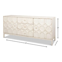 Dimensions shown for modern geometric whitewash sideboard.