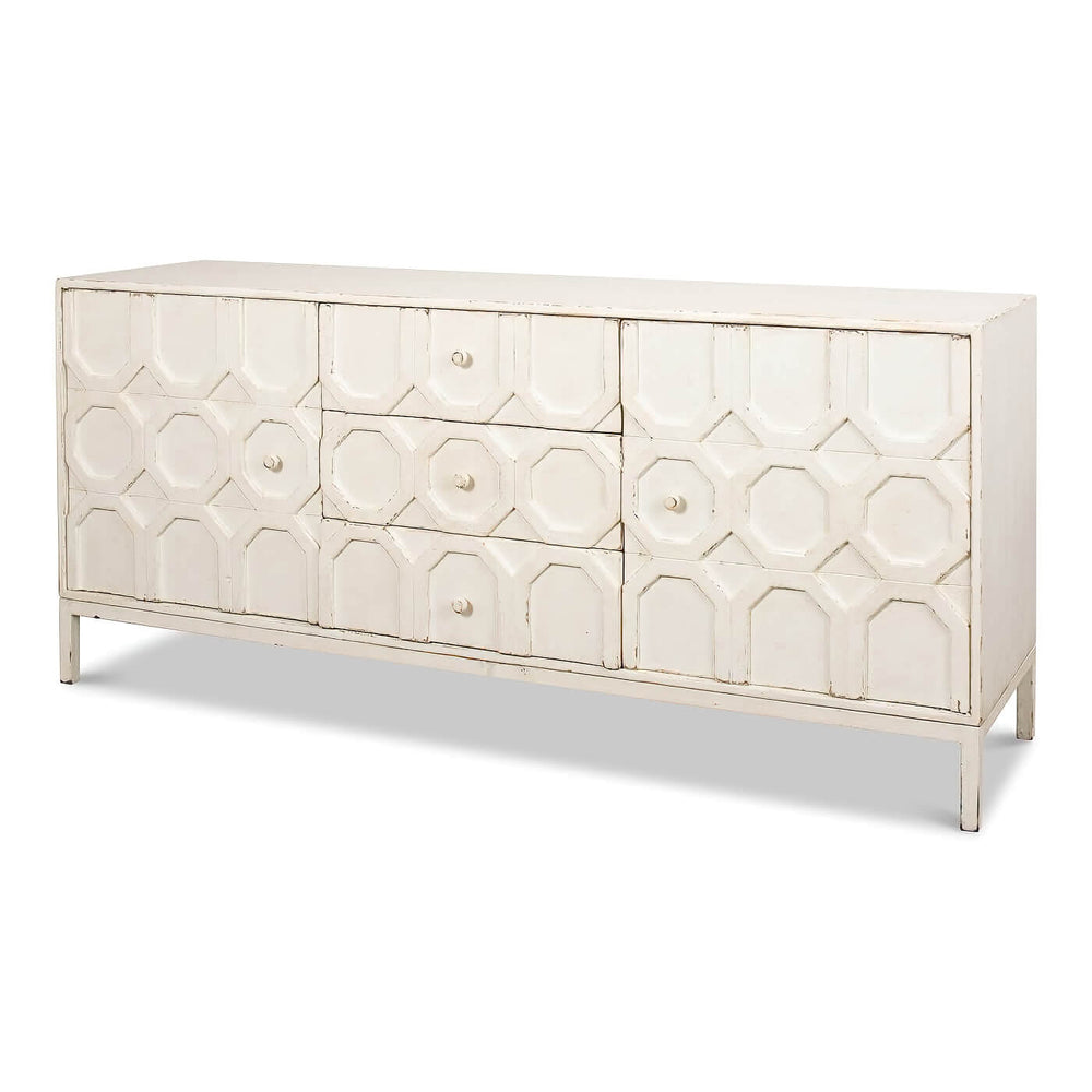 Front view of modern whitewash geometric sideboard.