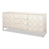 Front view of modern whitewash geometric sideboard.