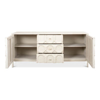 Open view showing shelves and drawers of sideboard.