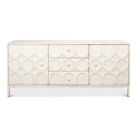 Straight-on front look at white geometric sideboard.