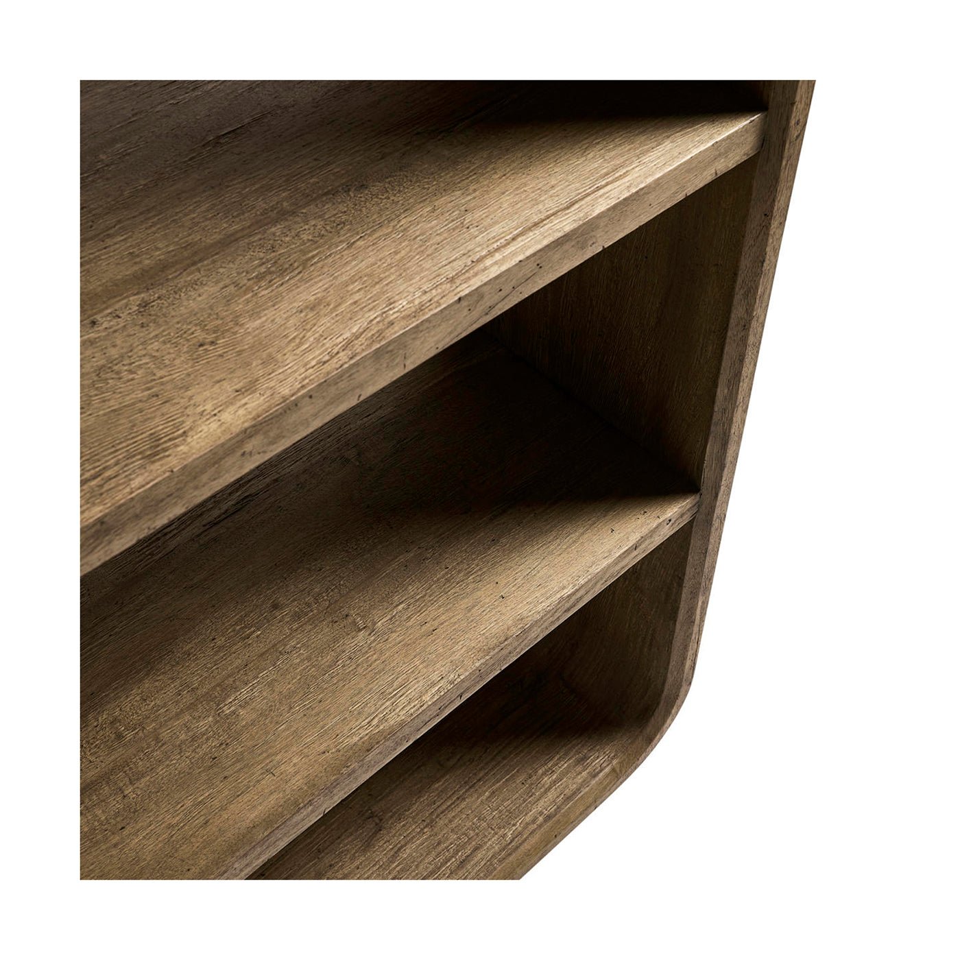 Upper shelves close-up of modern wood open bookcase.