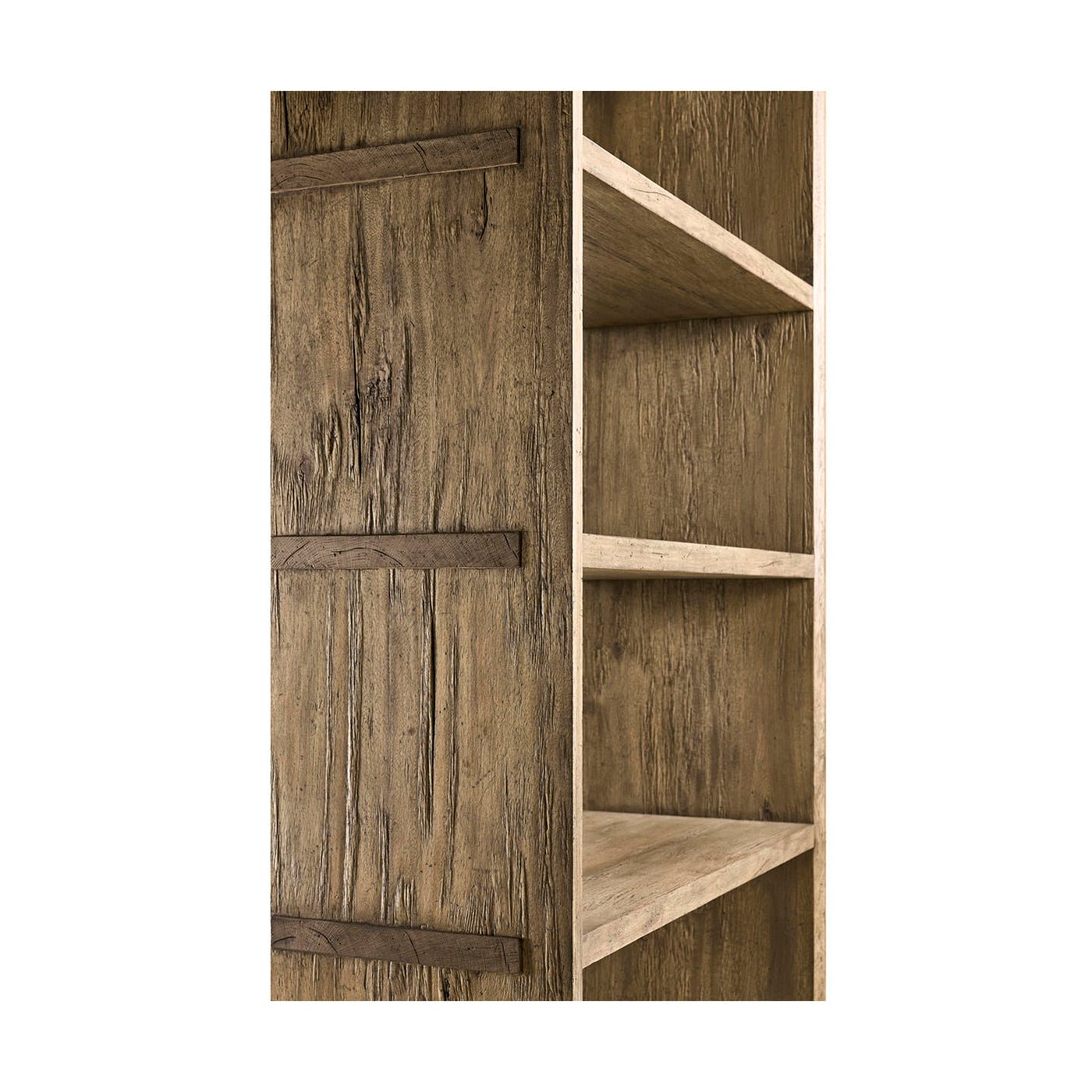 Side view focusing on shelves and wood grain texture.