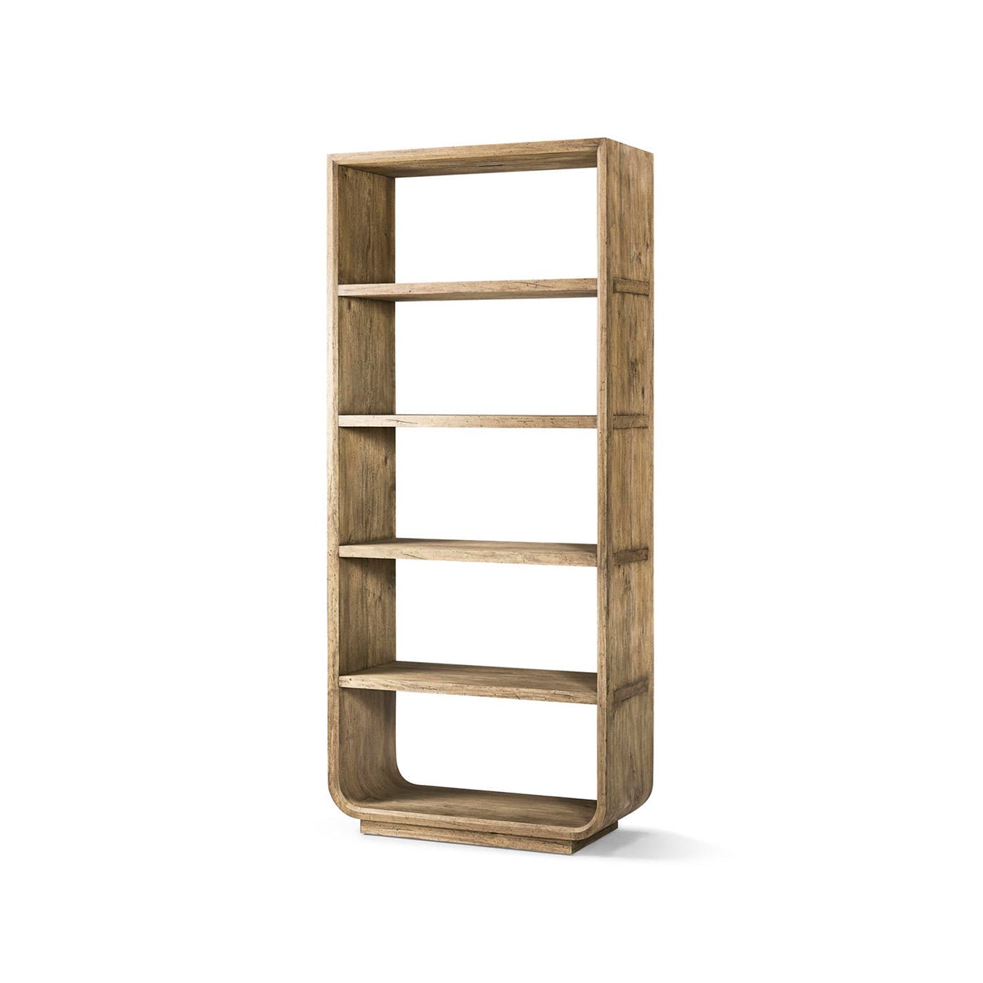 Angled view of modern wood open bookcase with shelves.