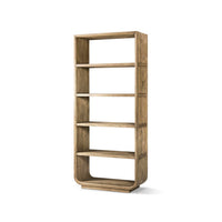 Angled view of modern wood open bookcase with shelves.