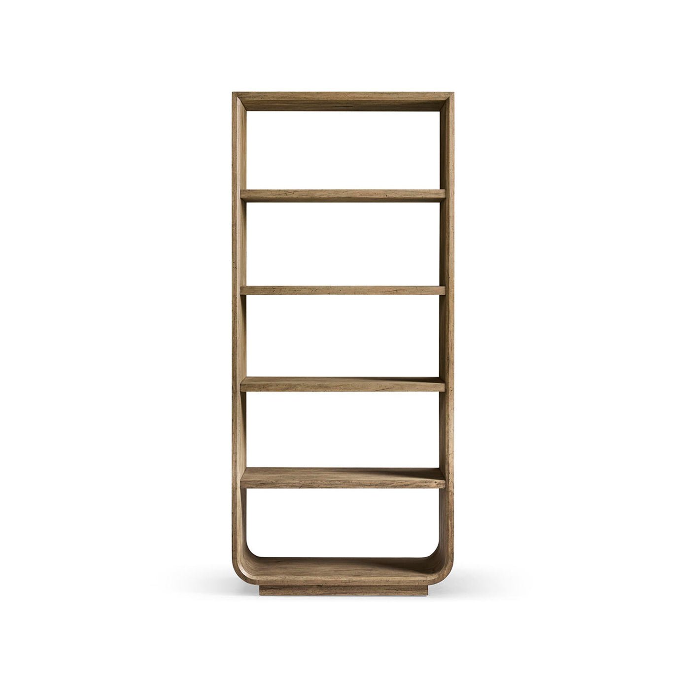 Front view of modern wood open bookcase with rounded frame.