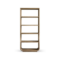 Front view of modern wood open bookcase with rounded frame.