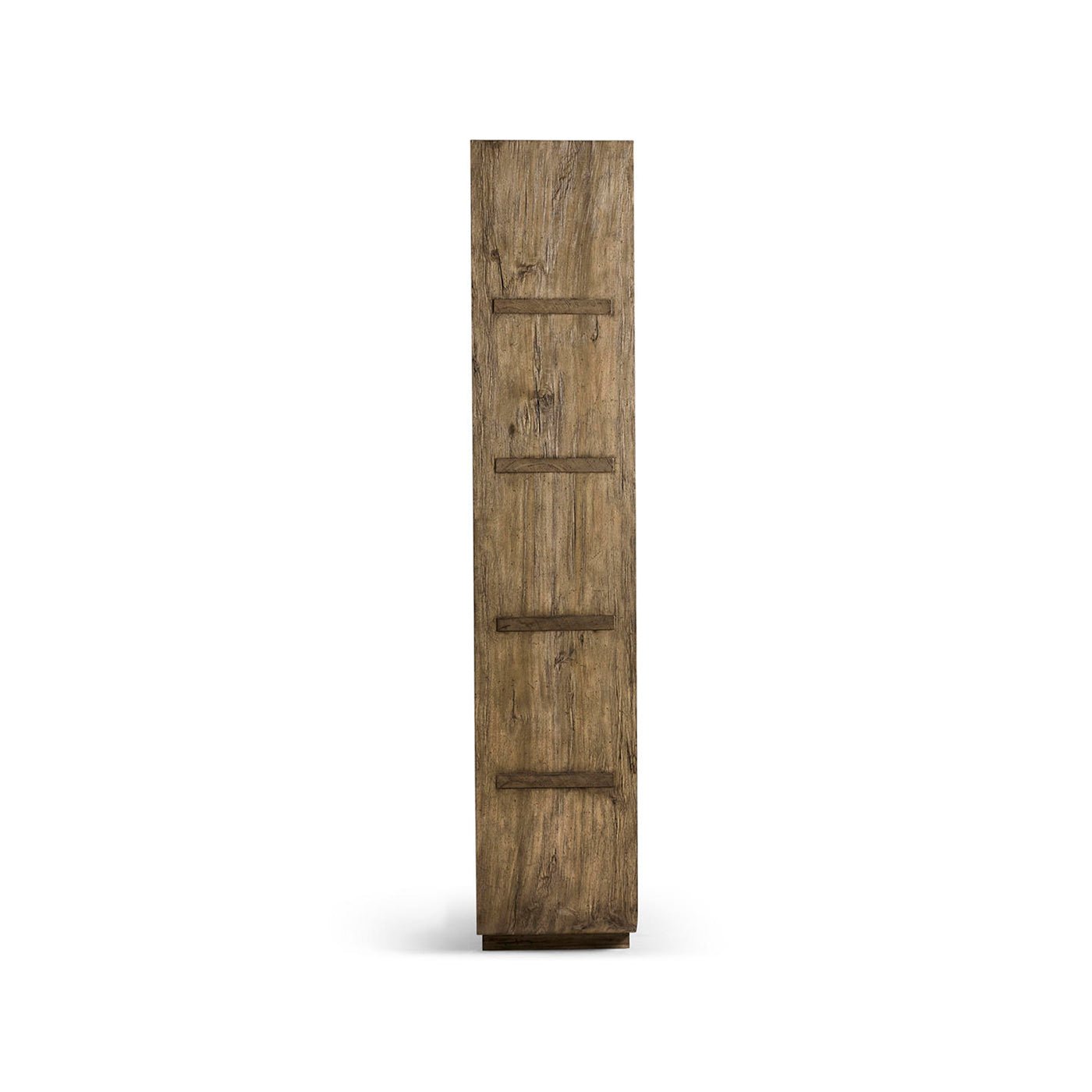 Full side profile of modern wood open bookcase.