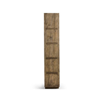 Full side profile of modern wood open bookcase.