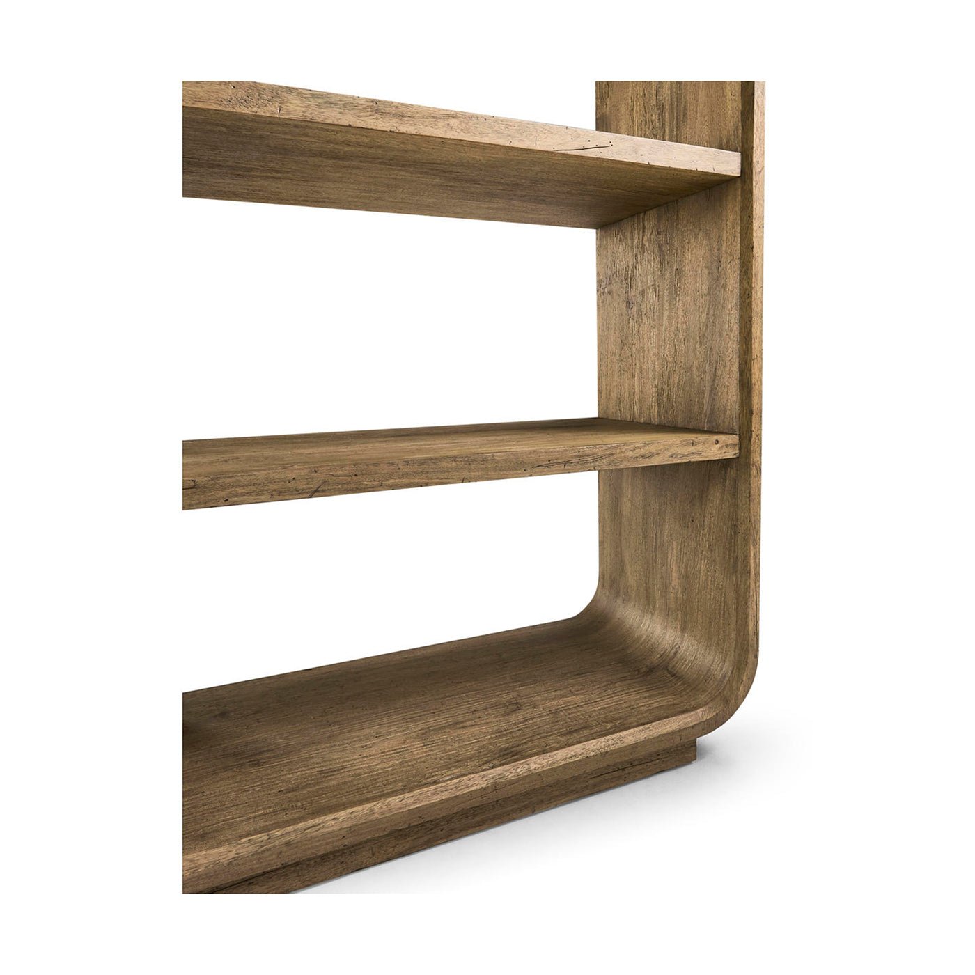 Lower shelves and rounded bottom detail of bookcase.