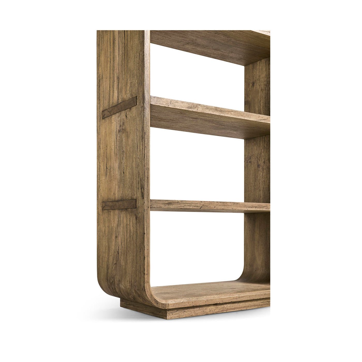 Close-up of bookcase side showing wood texture and shelves.
