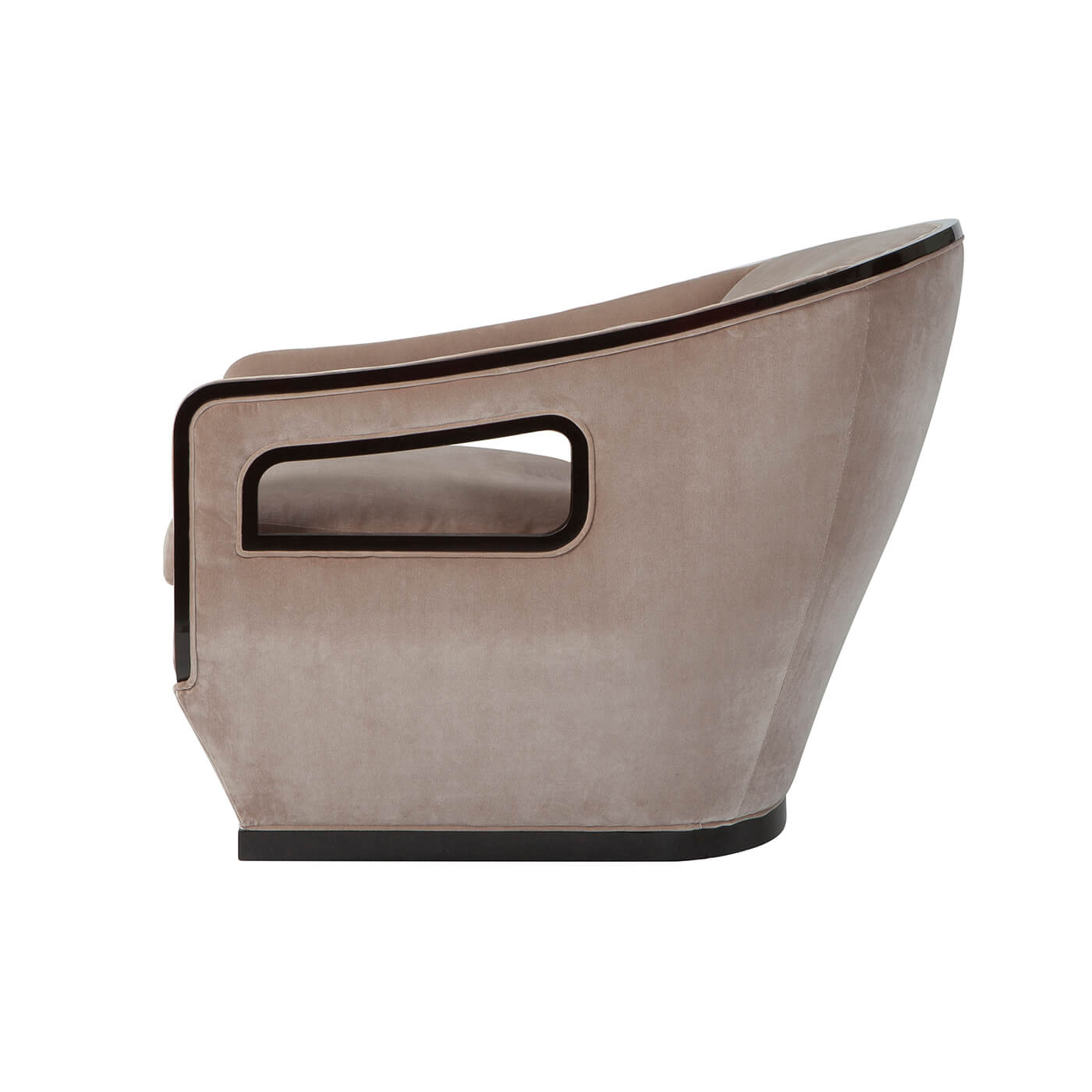 Beige Moderne Lounge Chair, side view, elegant open arms.