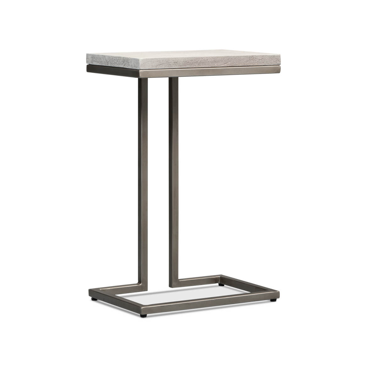 Modernist accent table, perspective view, sturdy base.