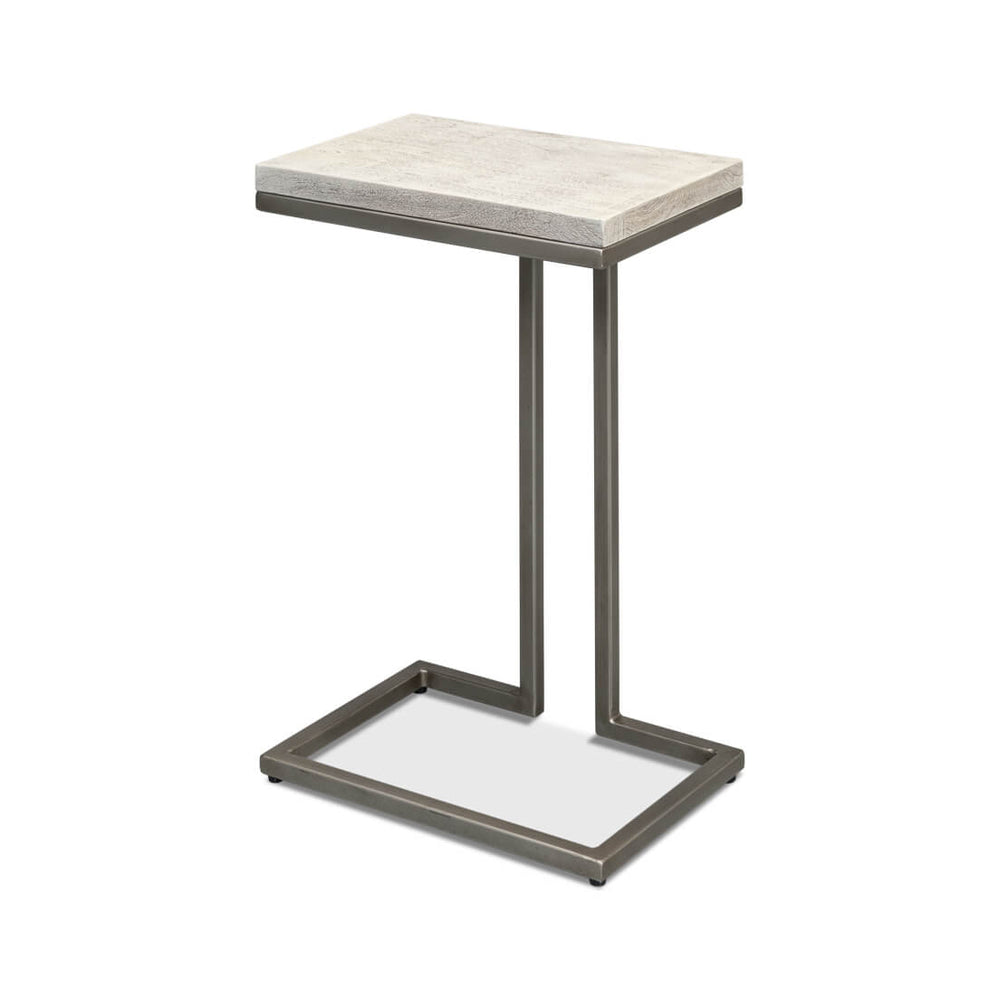 Modernist accent table, angled front view, metal base.