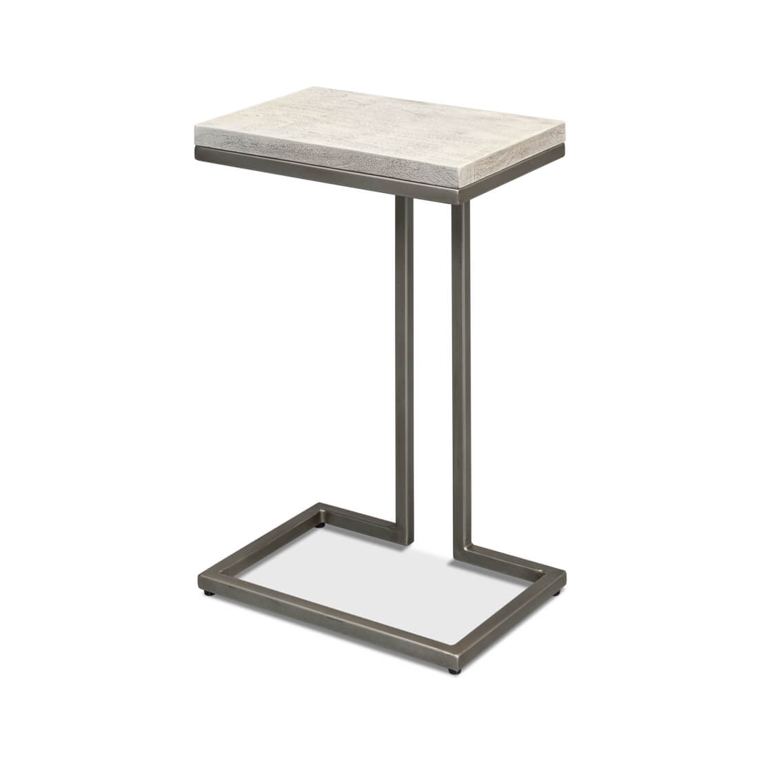 Modernist accent table, angled front view, metal base.