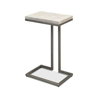 Modernist accent table, angled front view, metal base.